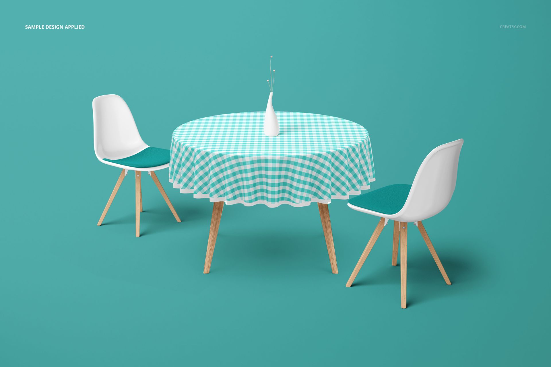 Mockup of a round table covered with a teal and white checkered cloth, two white chairs, and a vase centerpiece.
