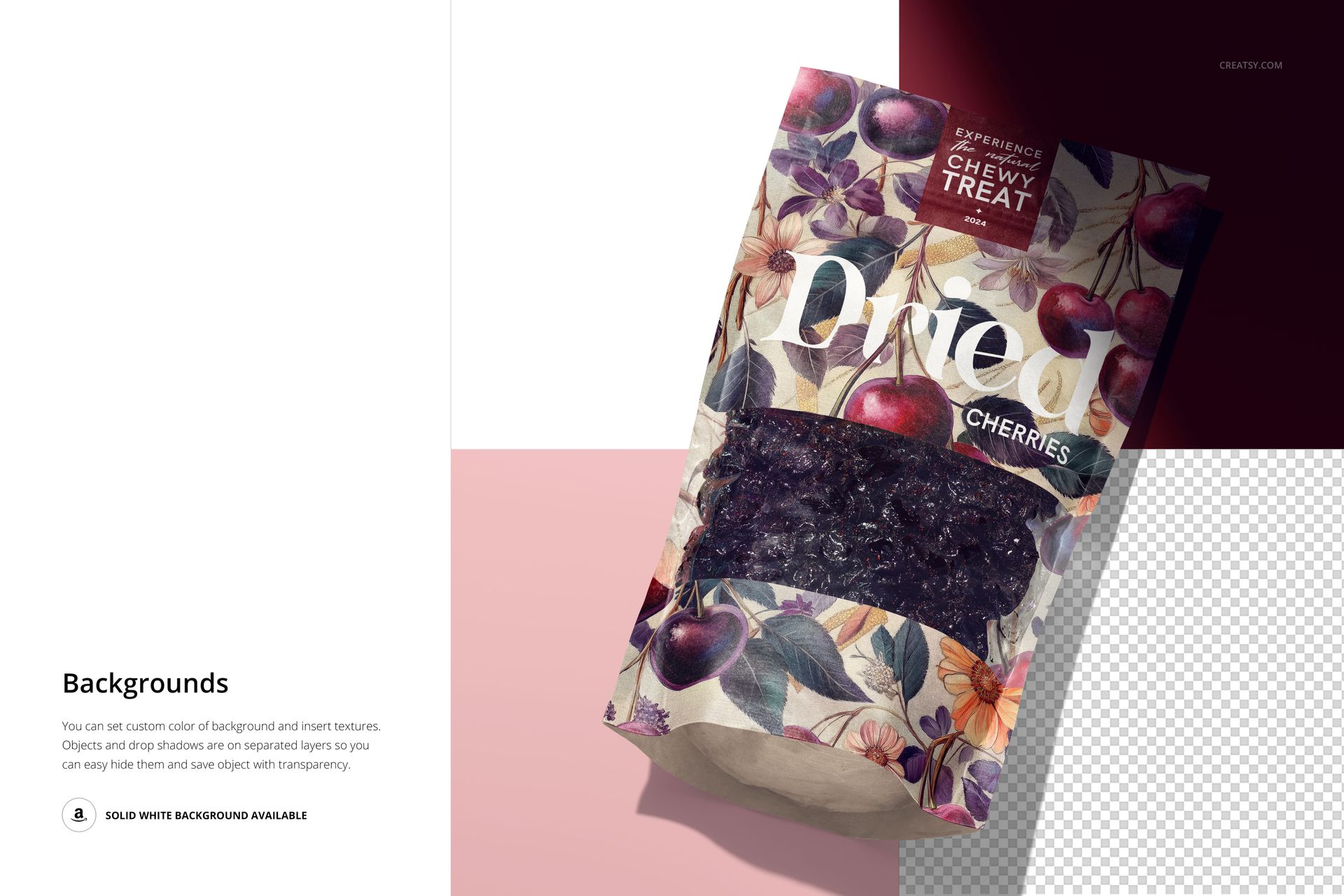Front view of a paper pouch mockup featuring dried cherries, with a floral cherry pattern and transparent window.