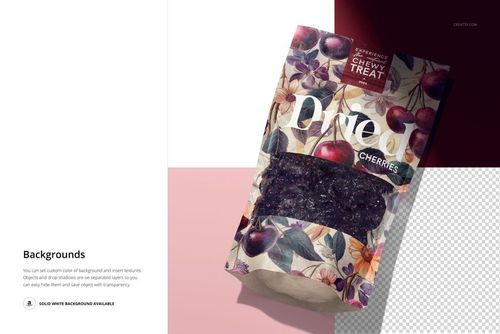 Front view of a paper pouch mockup featuring dried cherries, with a floral cherry pattern and transparent window.