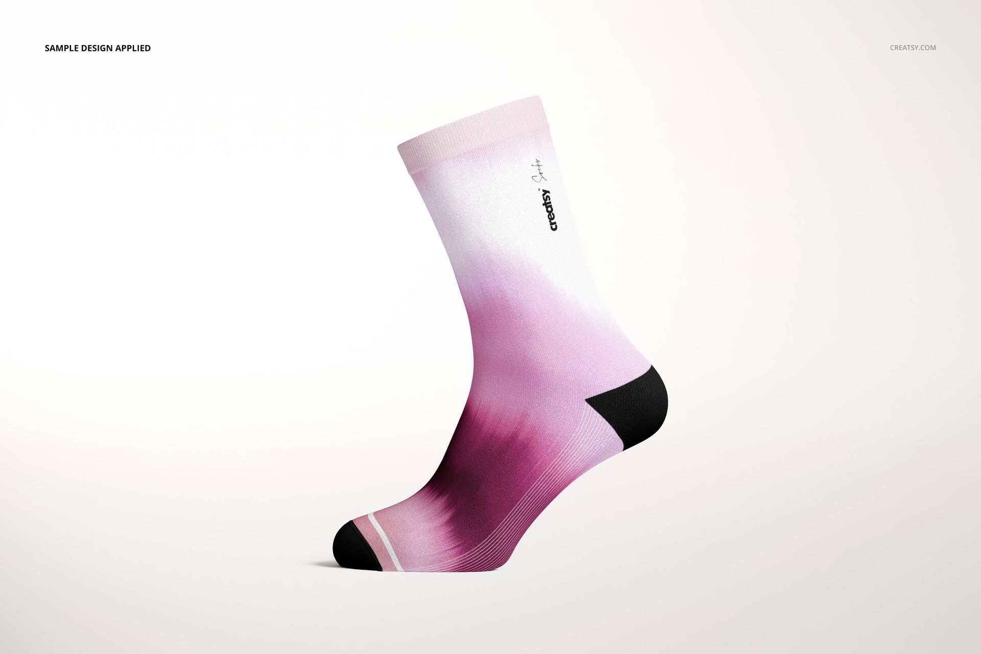 Single crew sock mockup with a gradient pink and white design, side view on a plain white background.