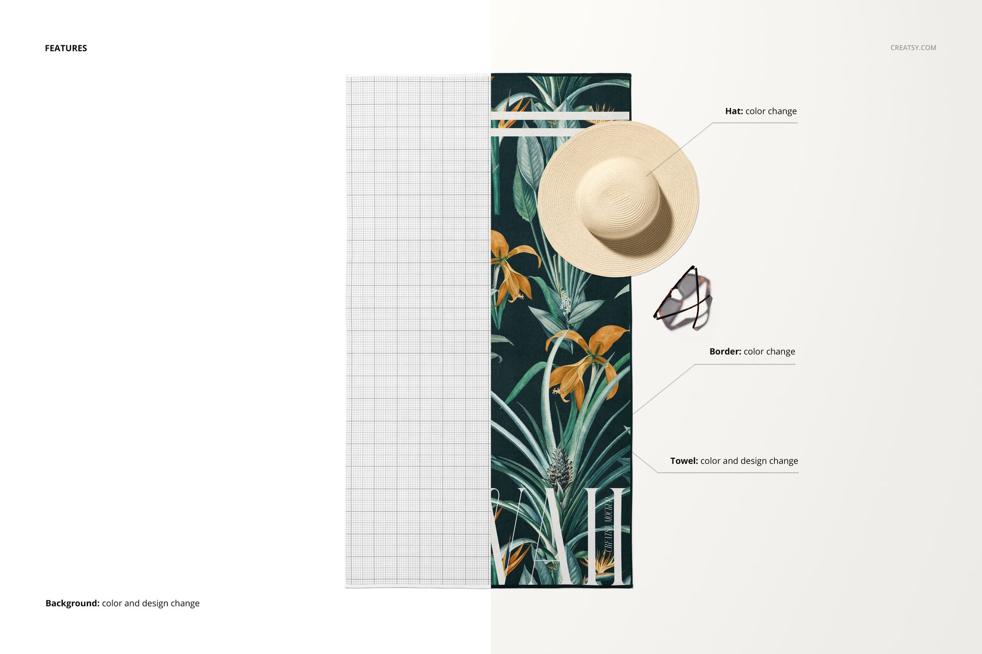 Top view of a beach towel mockup with a tropical leaf and flower pattern, straw hat, and sunglasses on a split white and grid background.