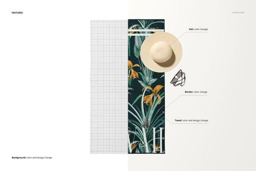Top view of a beach towel mockup with a tropical leaf and flower pattern, straw hat, and sunglasses on a split white and grid background.