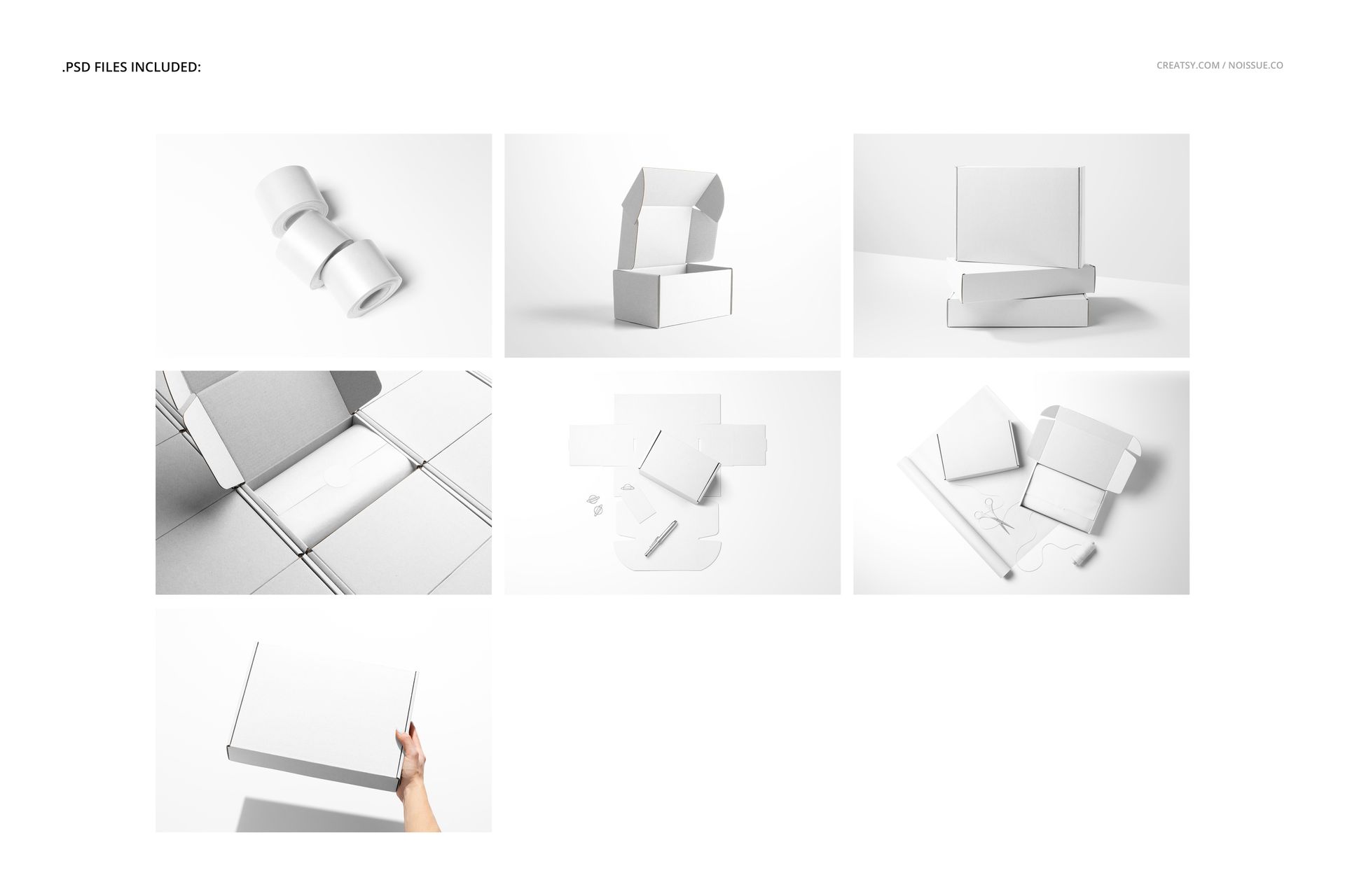 Noissue Mailing Box mockup set featuring plain white mailers arranged in different perspectives and layouts.