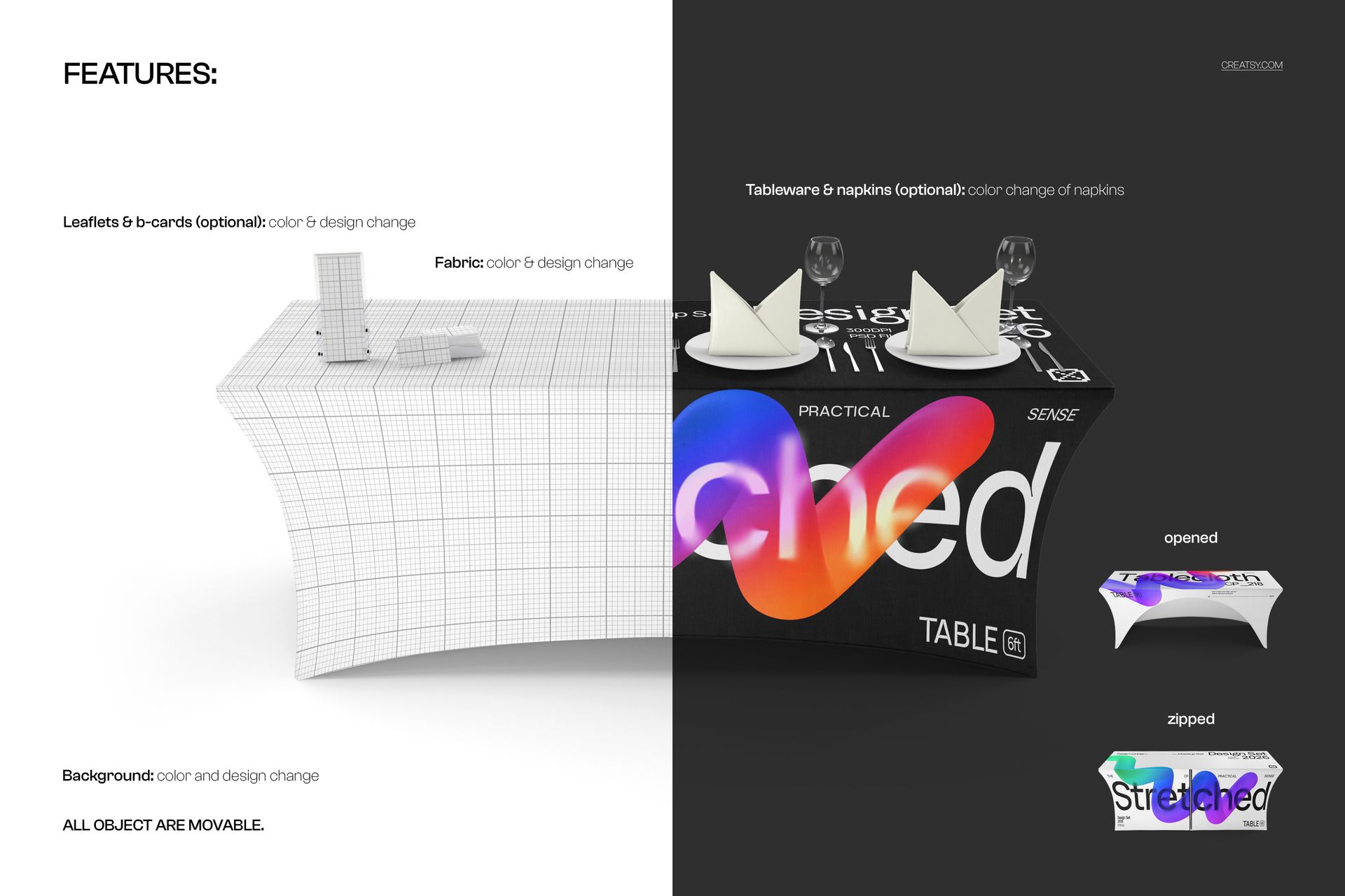 Stretched tablecloth mockup showing a split view with grid pattern on the left and colorful design on the right, front angle.