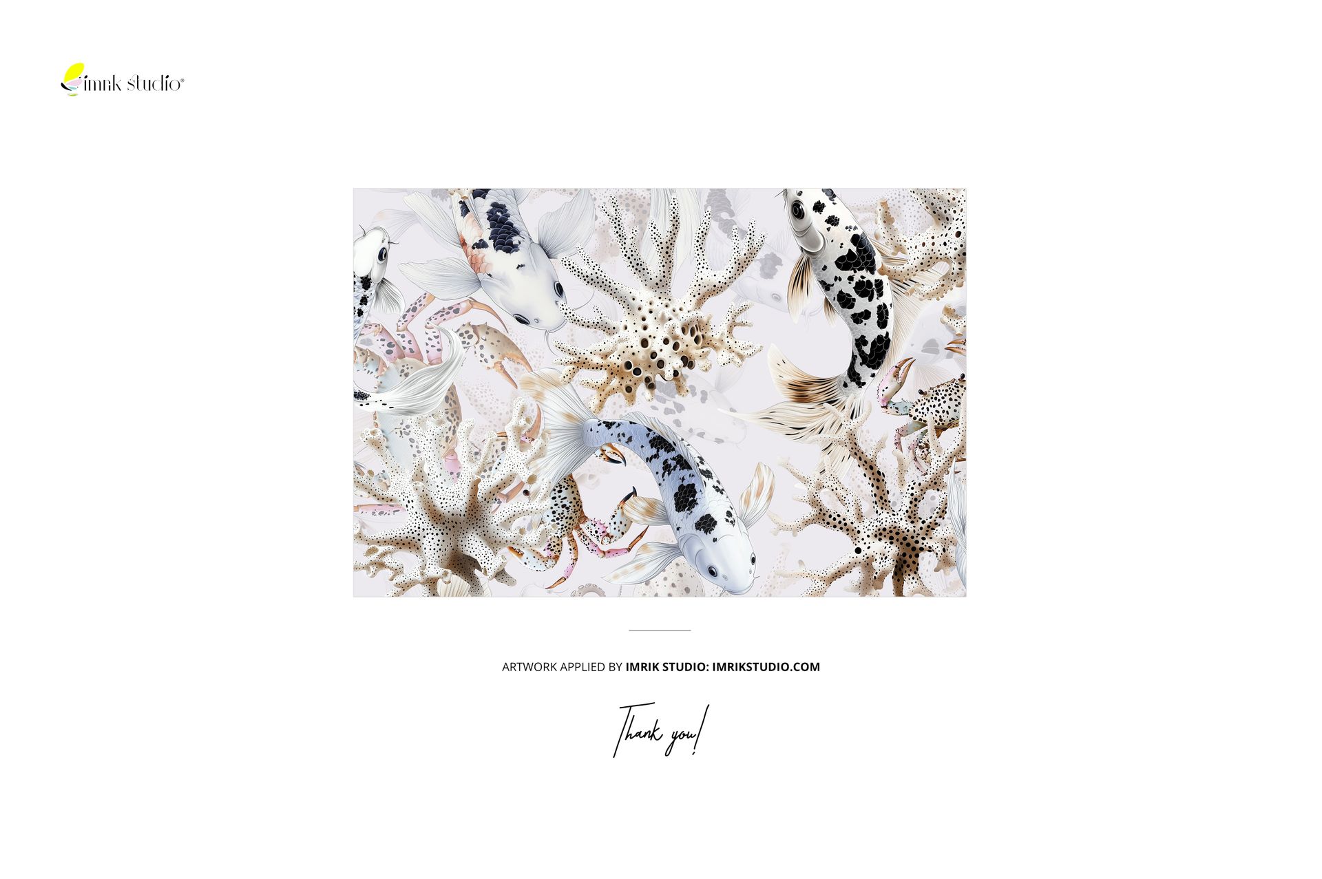 Front view of a neo-classical bathroom wallpaper mockup featuring koi fish and starfish in soft neutral tones.