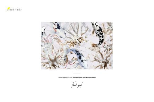 Front view of a neo-classical bathroom wallpaper mockup featuring koi fish and starfish in soft neutral tones.