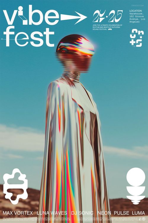 PSD mockup poster showing a futuristic chrome figure with a mirrored surface and festival information on a blue background.