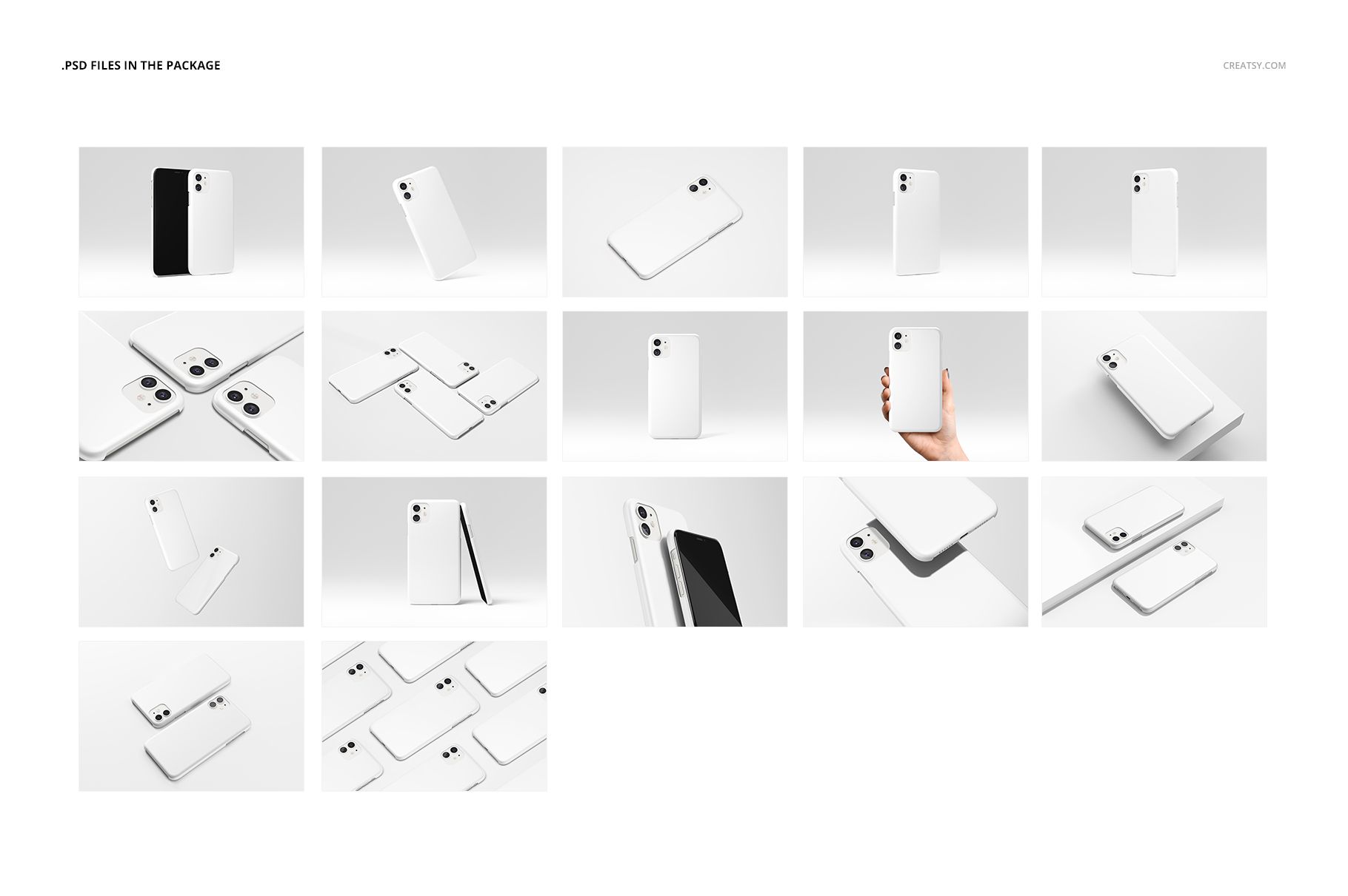 Collection of iPhone 11 matte case PSD mockups showing different perspectives, including close-ups and hand-held shots.