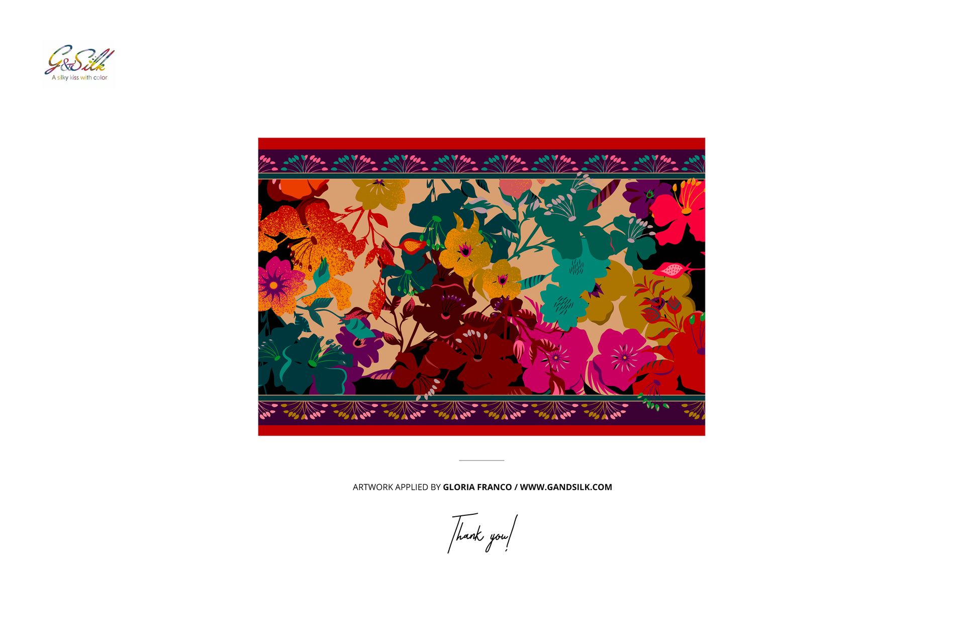 Rectangular habotai silk scarf mockup featuring a vibrant floral pattern with red, yellow, and green tones.