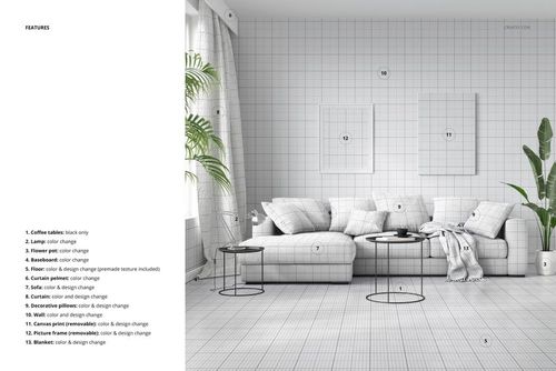 Front view of a stylish living room mockup featuring a large sectional sofa, pillows, and a grid wall background.