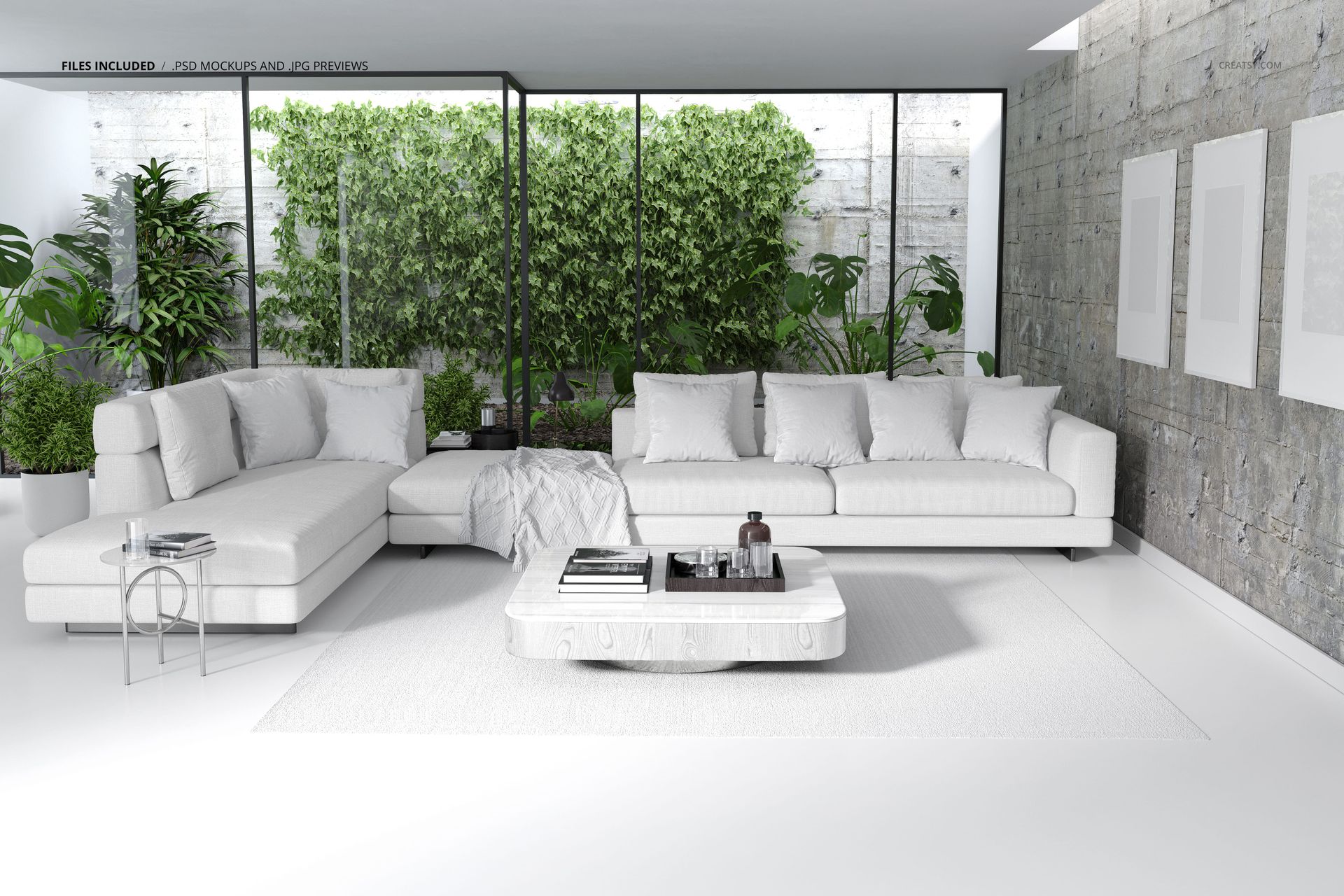 Front view of a spacious living room mockup with a long L-shaped sofa, white pillows, and minimalist decor.
