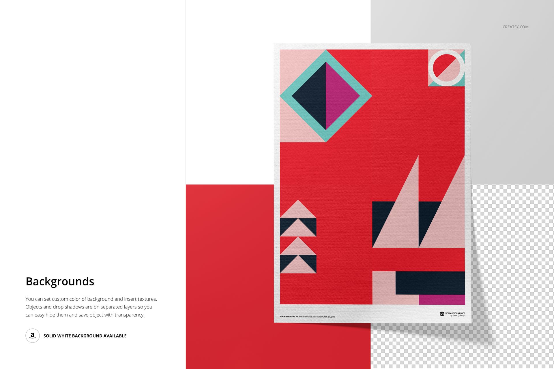 Top view of a Hahnemühle Albrecht Dürer Giclée Fine Art Print mockup featuring bold geometric shapes and vivid colors.