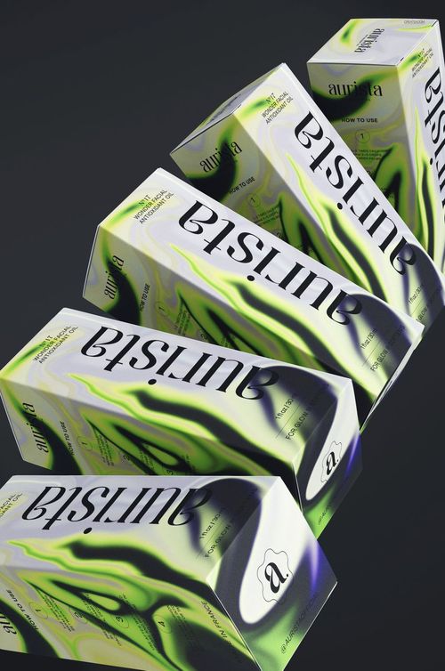 Set of five cosmetic dropper bottle mockup boxes with vibrant green and white designs, arranged in a slanted line.