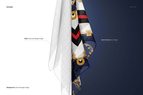 Hanging chiffon silk scarf mockup showing a draped scarf with geometric and ornate patterns, split view on white and blue backgrounds.
