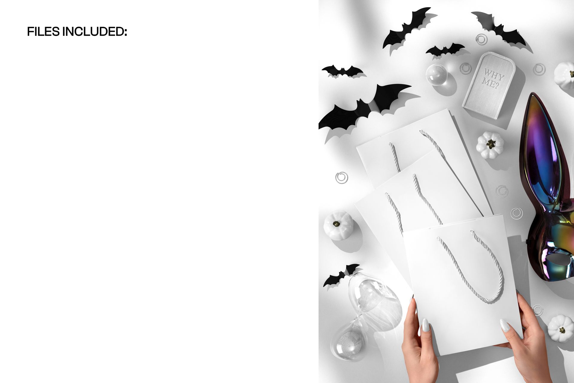 Front view of a Halloween paper gift bag mockup held by hands, surrounded by black bat cutouts and white pumpkins.