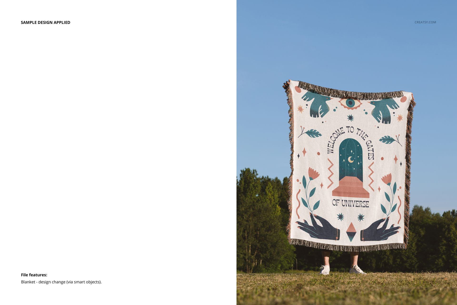 Fringed woven throw blanket mockup held outdoors, featuring a colorful abstract pattern and cosmic motifs.