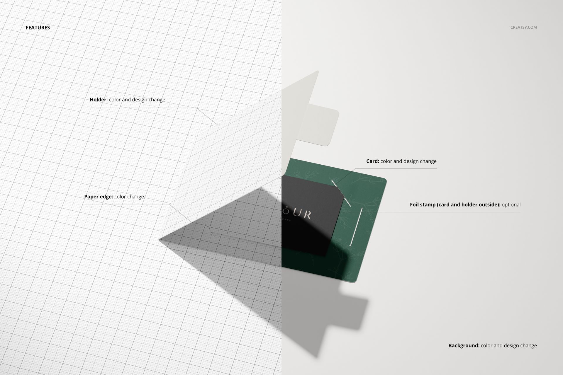 Gift card holder mockup set featuring a split scene with grid layout on the left and realistic card holder on the right.