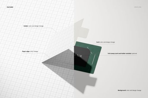 Gift card holder mockup set featuring a split scene with grid layout on the left and realistic card holder on the right.