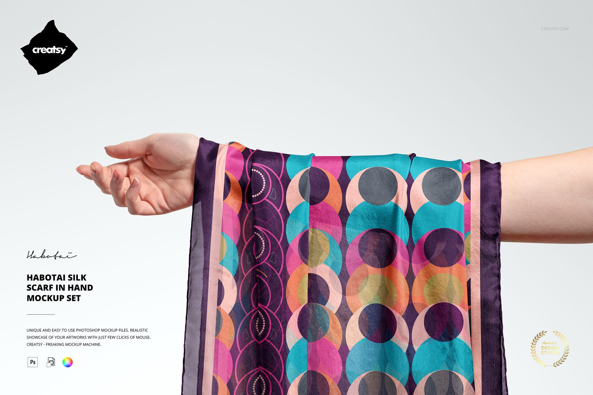Colorful habotai silk scarf mockup featuring geometric circles, displayed draped over a hand, front perspective.