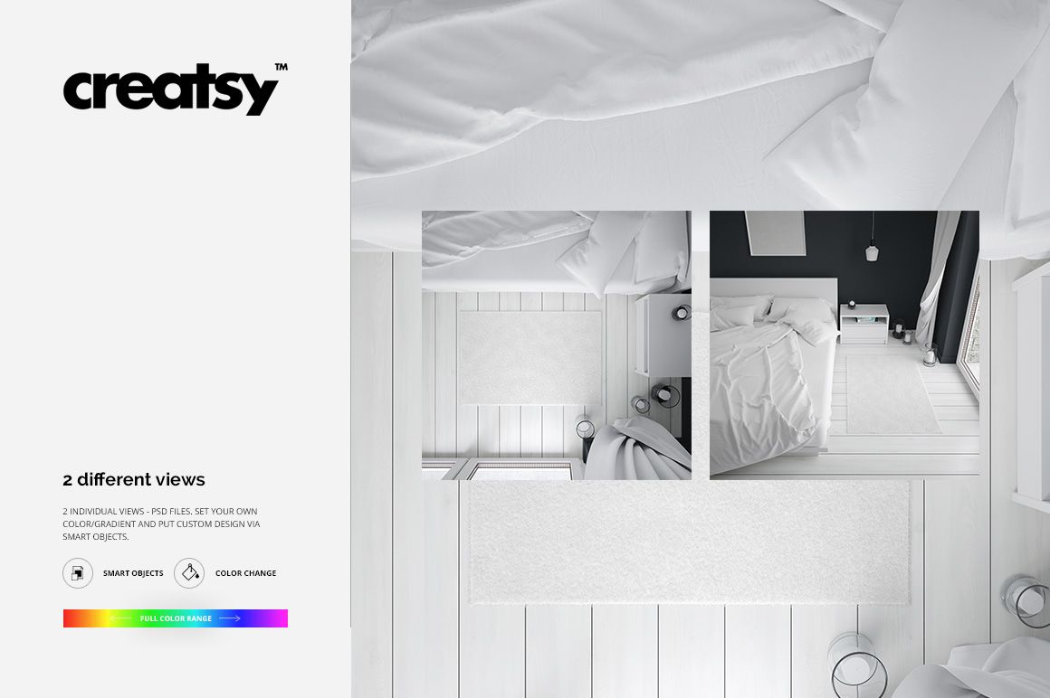 Rug mockup set showing two different views of a white rectangular rug in a modern bedroom with white flooring.