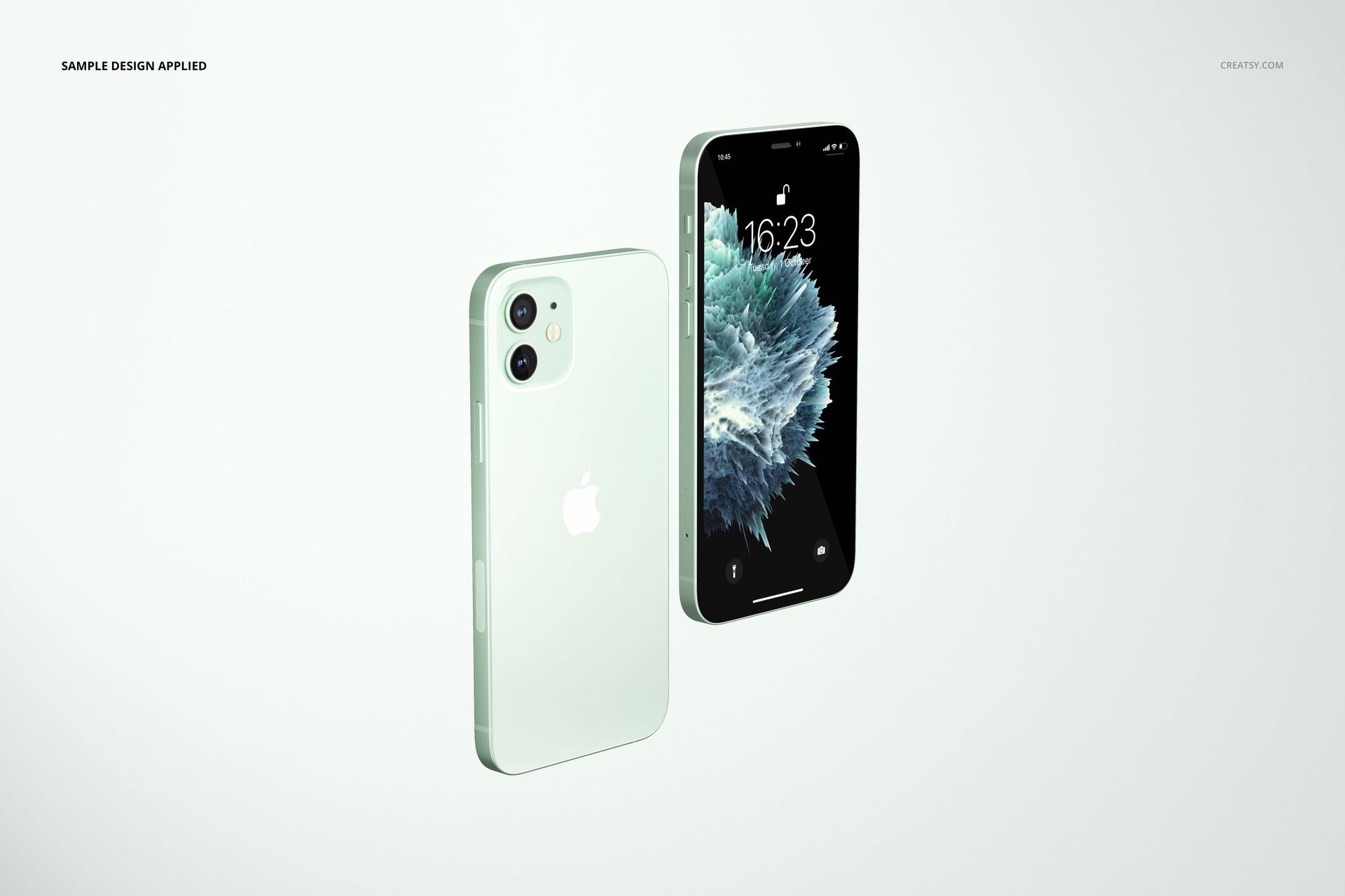 PSD mockup featuring iPhone 12 in pastel green, with one device displaying a digital design and the other showing the rear side.