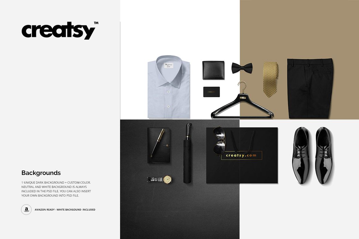 Men’s fashion mockup featuring a dress shirt, trousers, shoes, wallet, bow tie, tie, hanger, and accessories on a divided background.