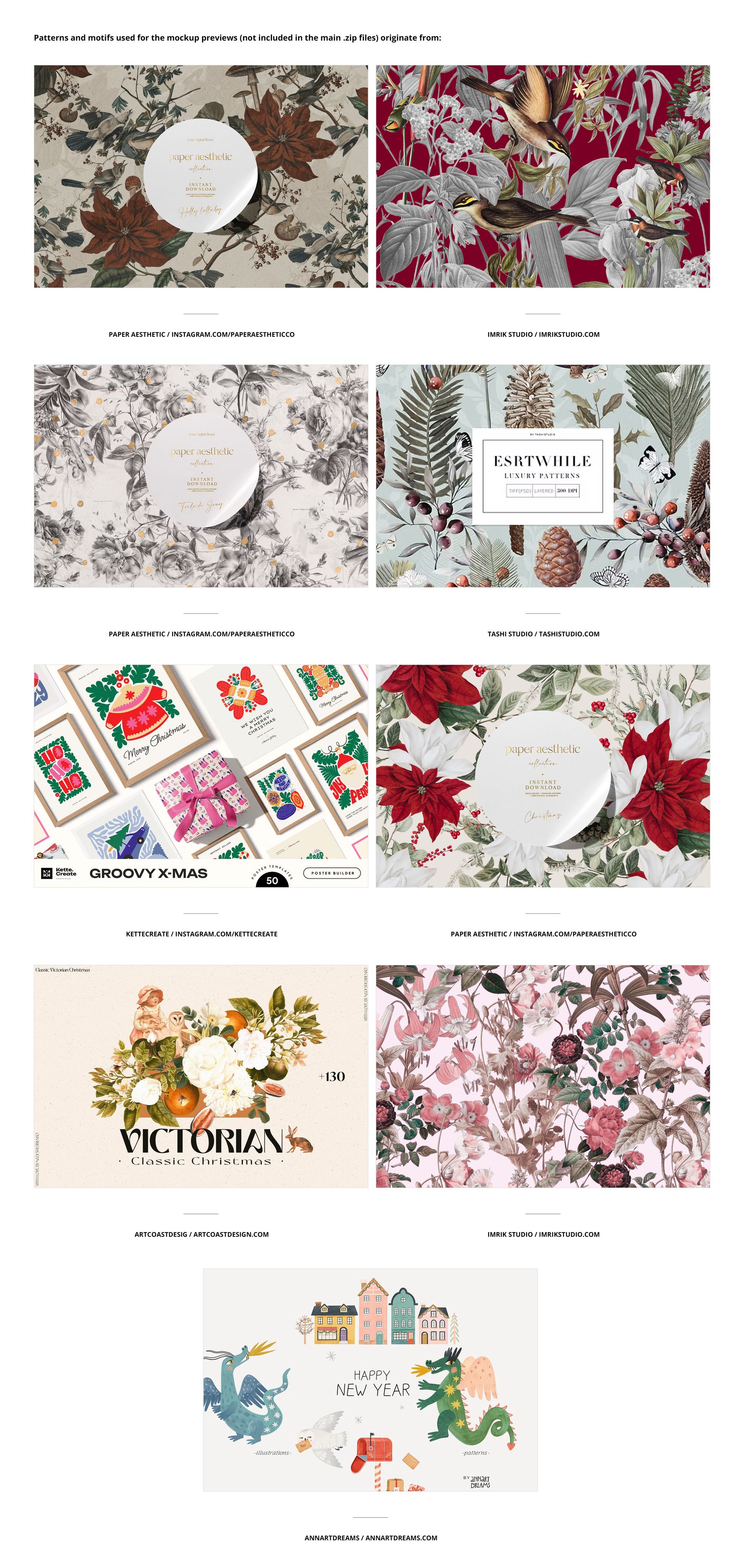 Collection of Christmas-themed PSD mockups featuring gift wrapping papers and decorative patterns in festive colors.