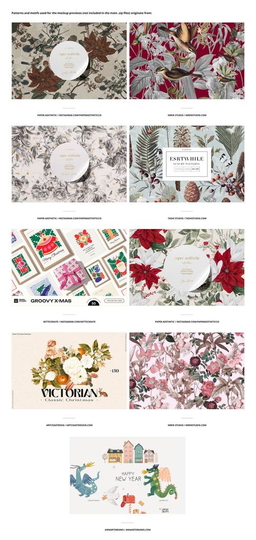 Collection of Christmas-themed PSD mockups featuring gift wrapping papers and decorative patterns in festive colors.