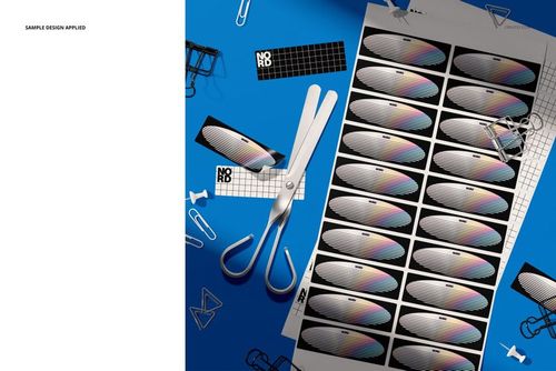 Top view of a rectangular sticker mockup set featuring multiple stickers with geometric designs on a blue surface.