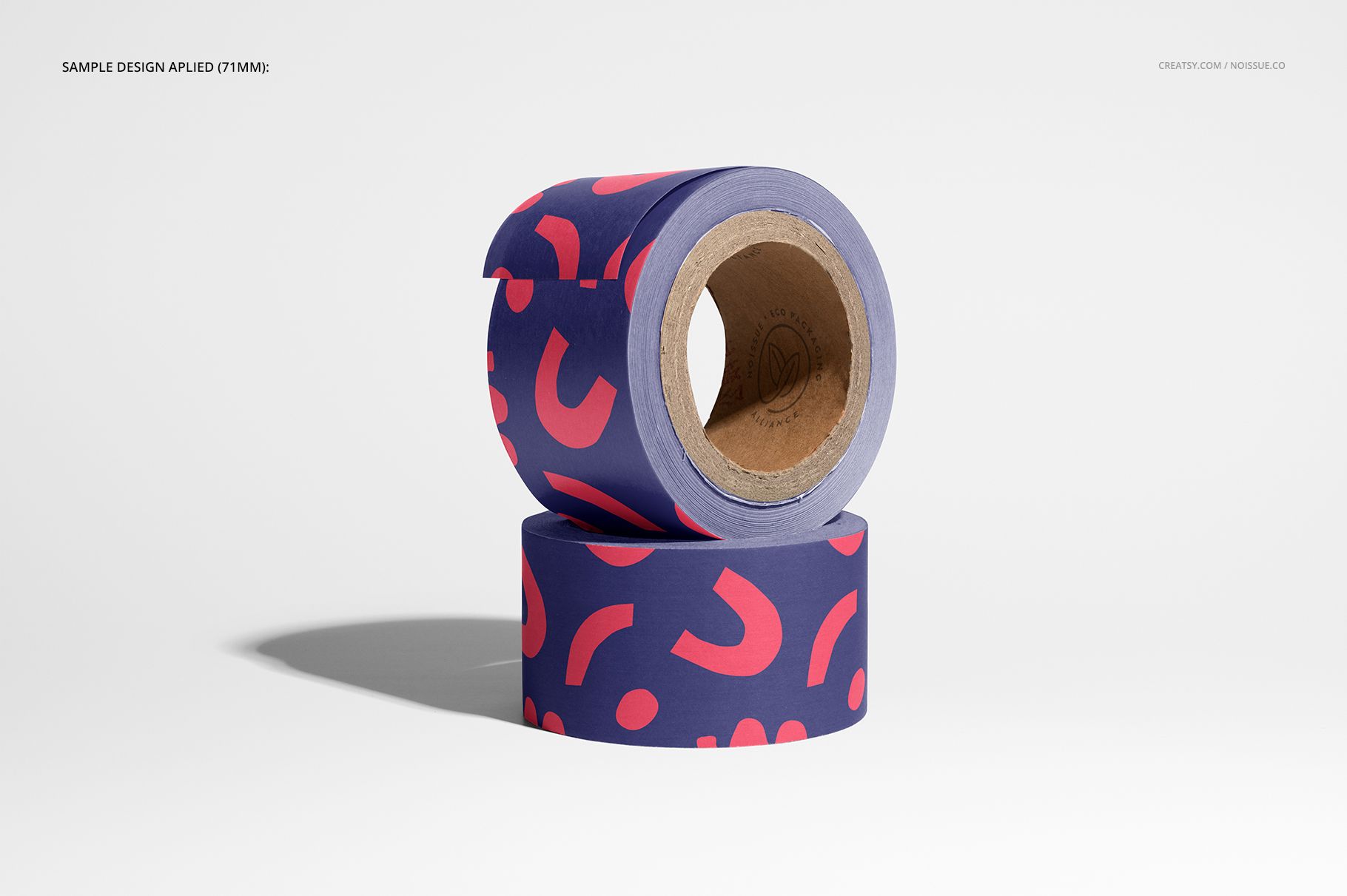 Mockup of packing tape featuring a bold purple color and scattered pink abstract pattern, shown from a front angle.