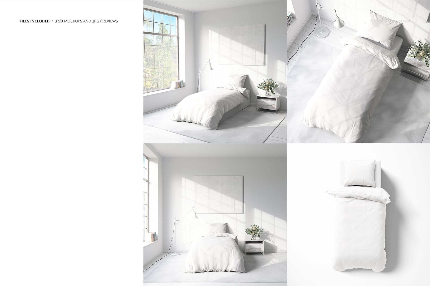 White single bed bedding mockup set in a sunlit room, featuring minimalist decor and a large window.