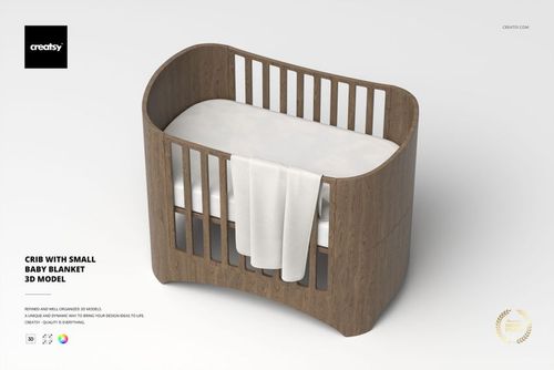 Wooden crib with rounded corners featuring a small white baby blanket draped over the side, shown in a front view on a light background.