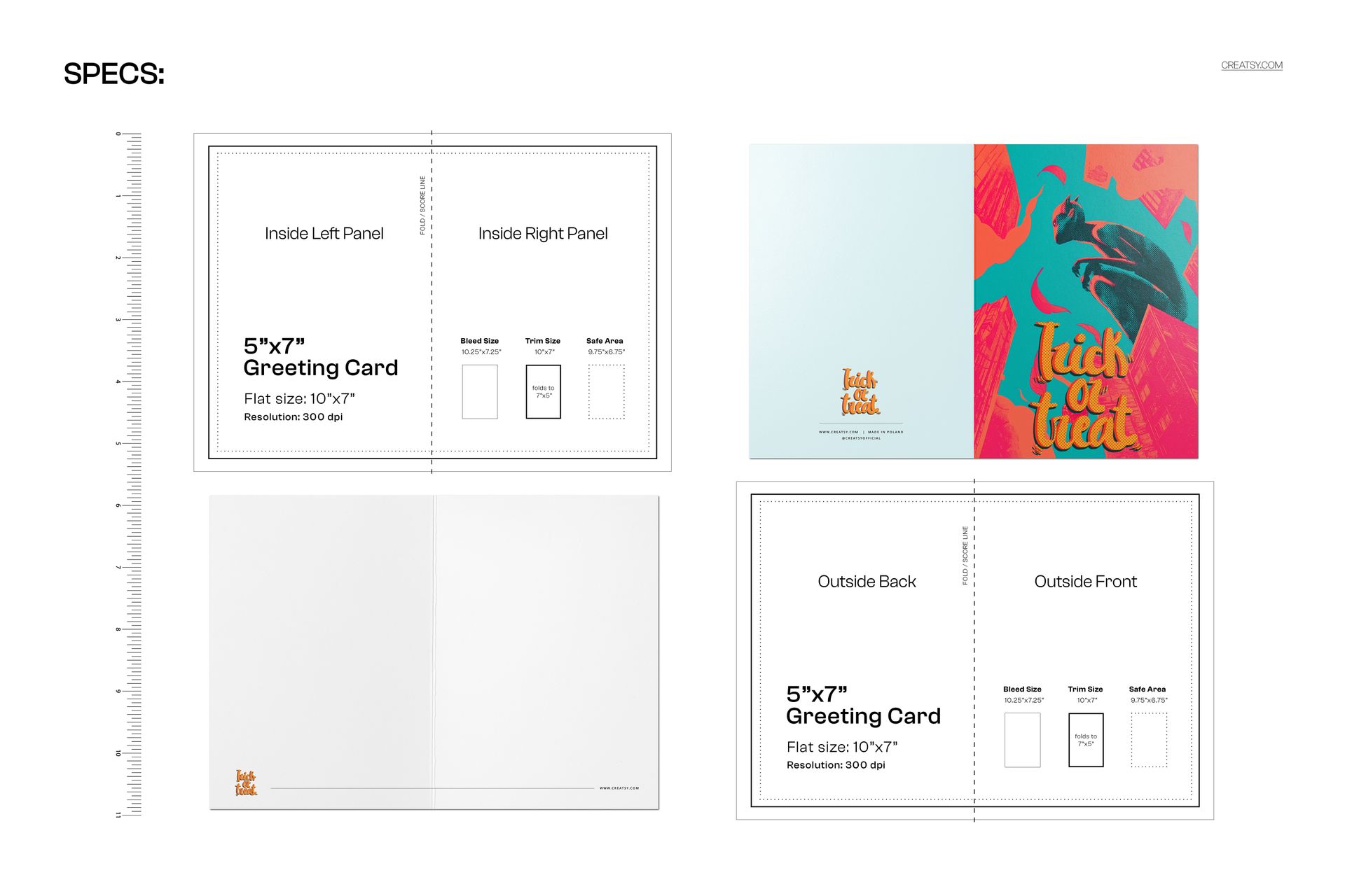 Front and back view of a 5x7 greeting card mockup with a vintage Halloween devil illustration and colorful design.