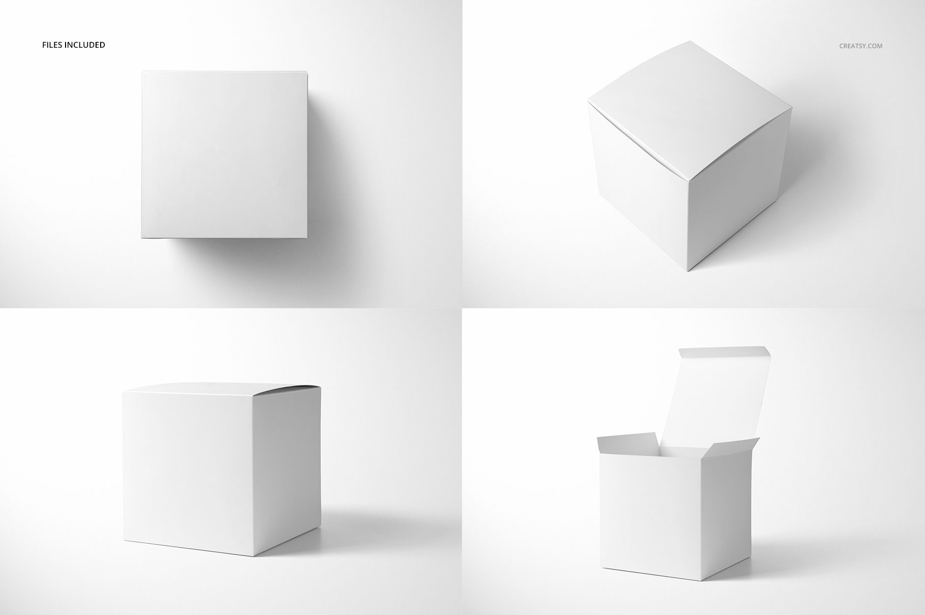 Square matte gift box mockup shown in four angles, including closed and open lid, on a plain white background.