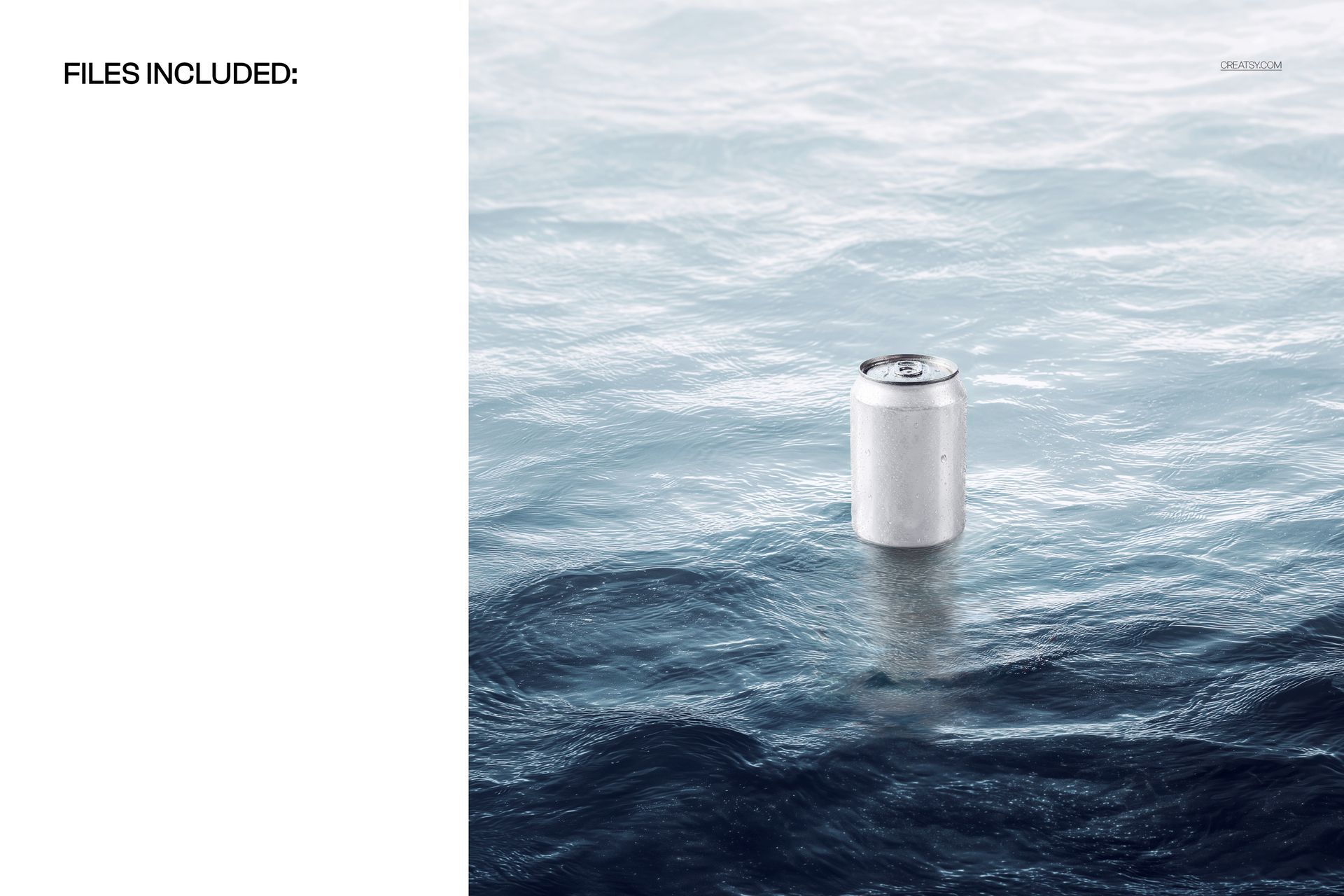 Aluminum drink can mockup placed in the middle of rippling open water, viewed from the front at eye level.