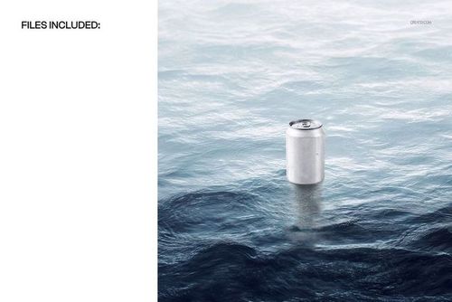 Aluminum drink can mockup placed in the middle of rippling open water, viewed from the front at eye level.
