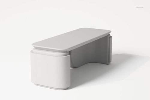 Modern upholstered desk with smooth surfaces and rounded edges in light gray, shown from a front angle on white background.