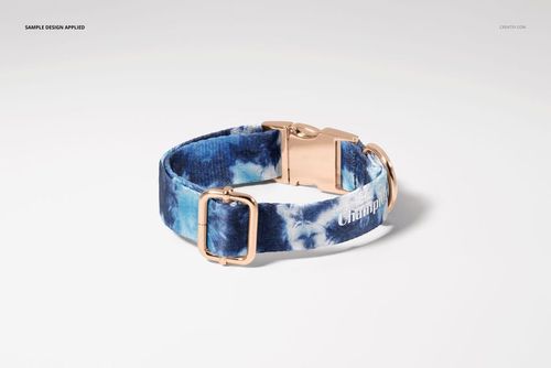 Blue and white patterned dog collar mockup featuring gold metal fittings, shown in a side angle on a white background.