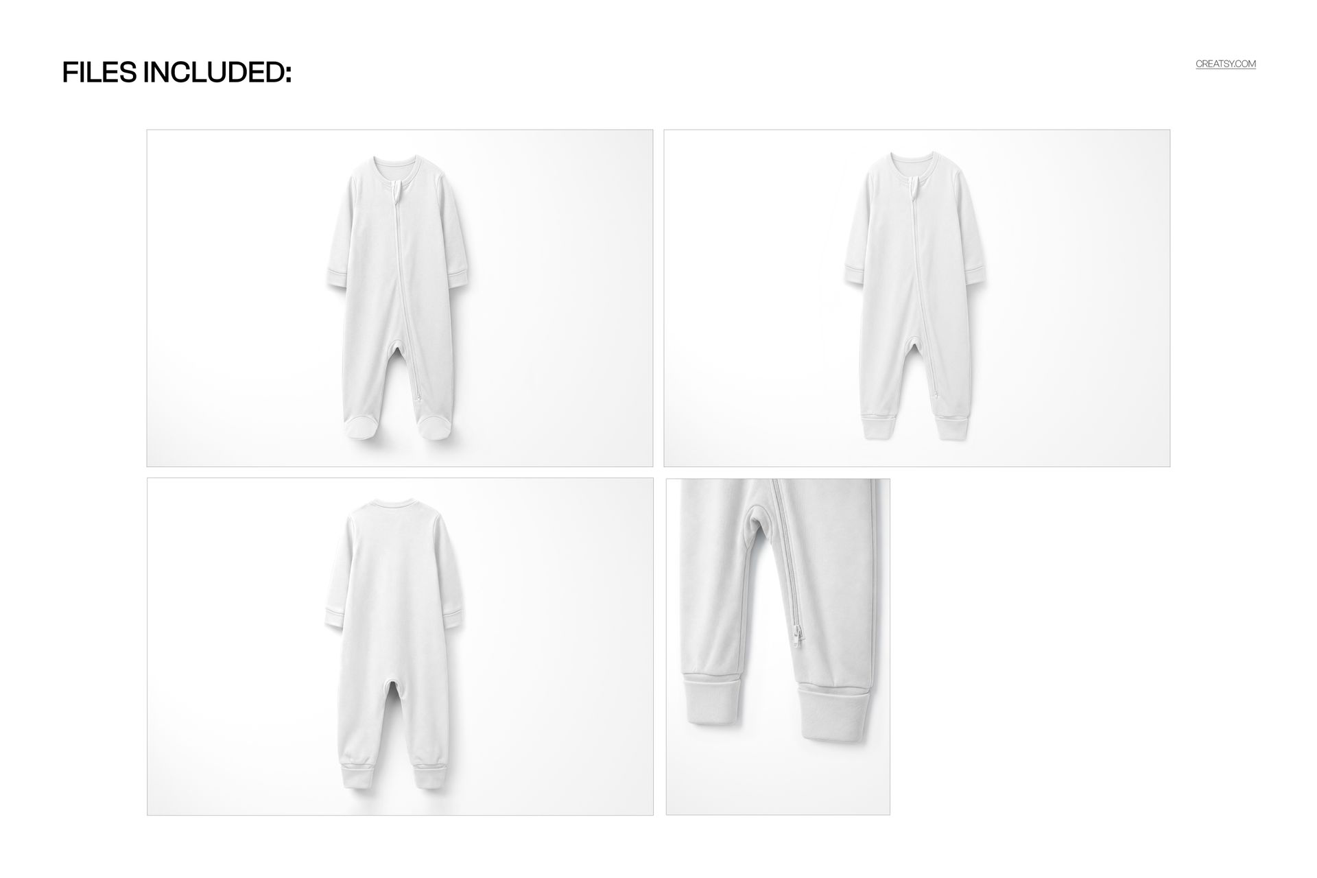 Front and back views of a white cuffed sleepsuit for babies displayed in a mockup set on a plain background.