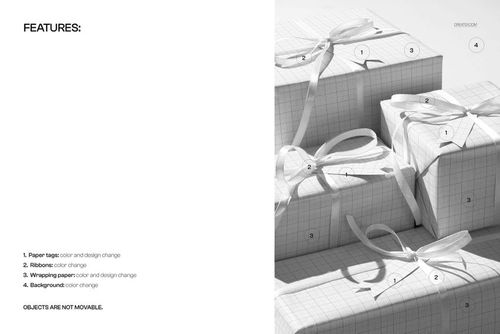 PSD mockup showing multiple gift boxes with grid wrapping and white ribbon bows, arranged in a neat stack under strong lighting.