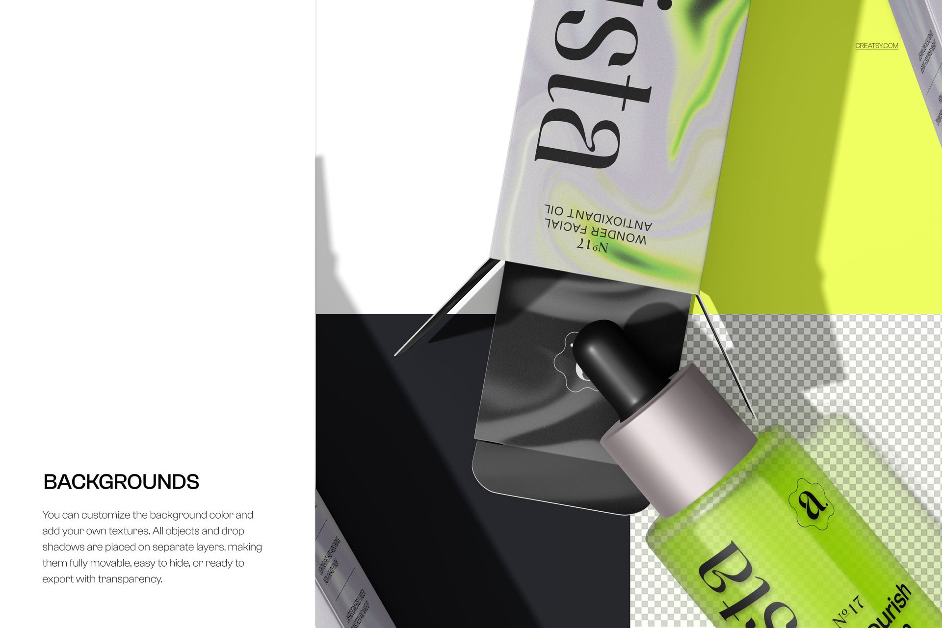 Dropper bottle mockup displayed in open packaging from above, featuring green tones and modern shadows.