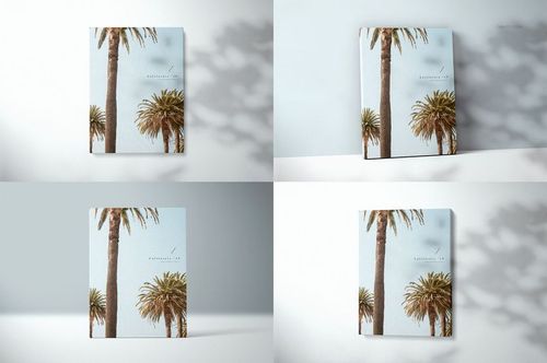 Gallery wrap canvas mockup set with tropical tree designs, presented front and angled with soft natural shadows.