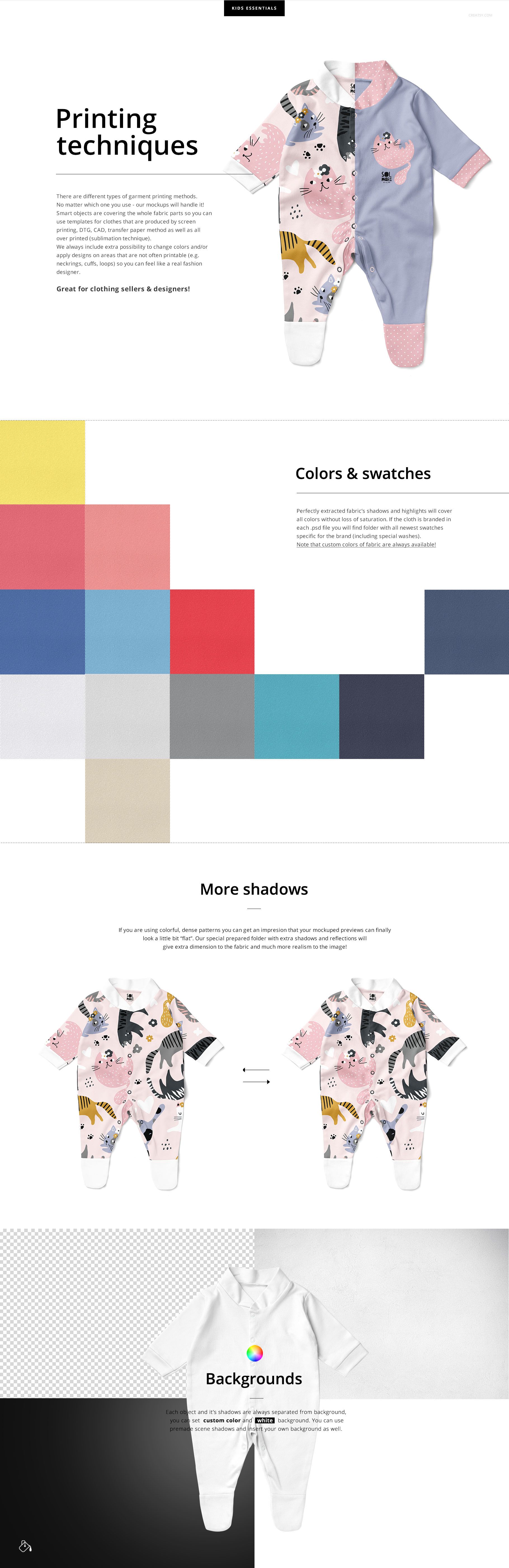 Front view of a babygrow sleepsuit mockup with playful animal patterns and pastel color blocks, shown in a PSD mockup scene.