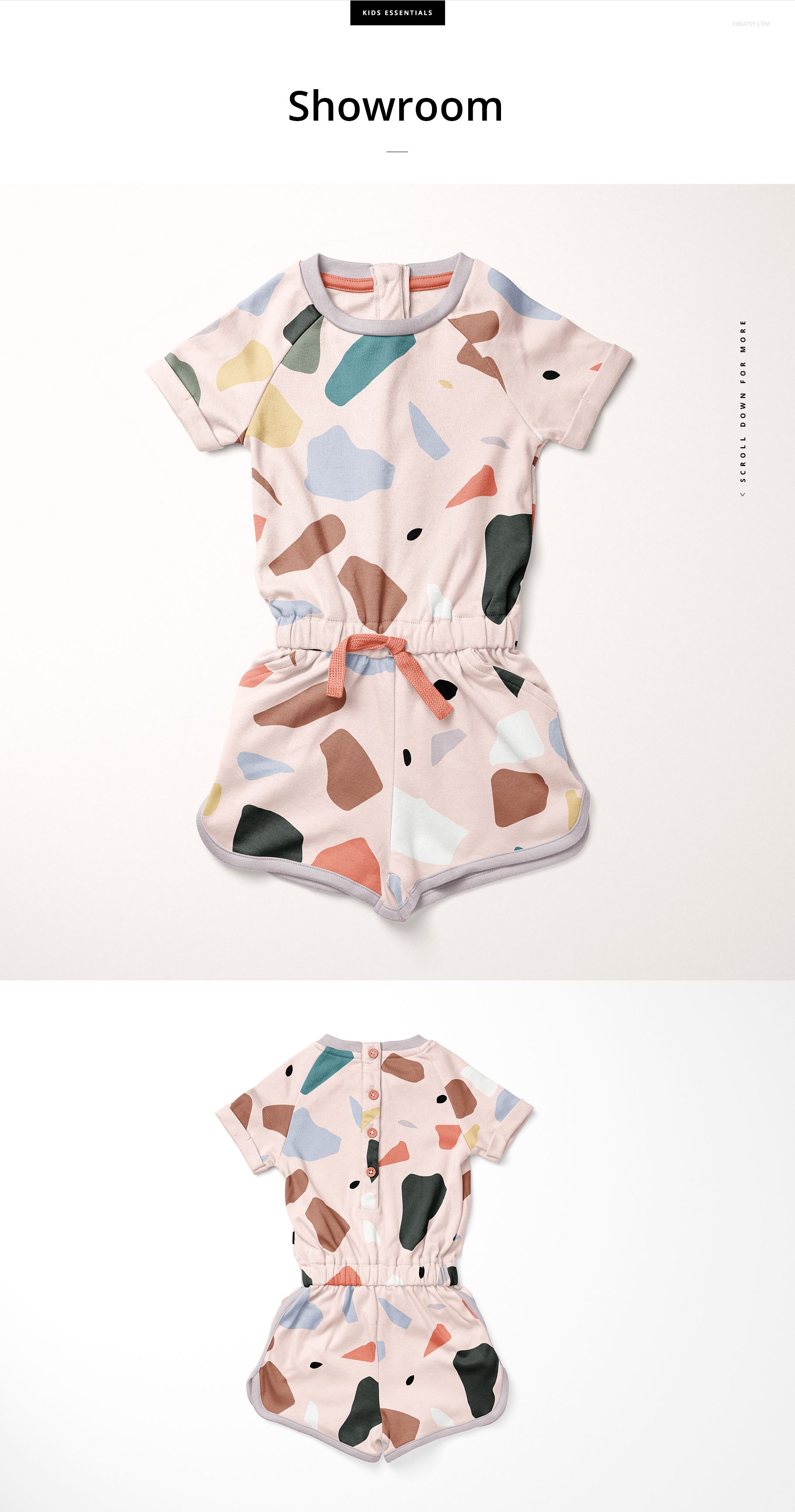 Girls cotton playsuit mockup featuring short sleeves and a belt, shown in both front and back perspectives on a plain surface.