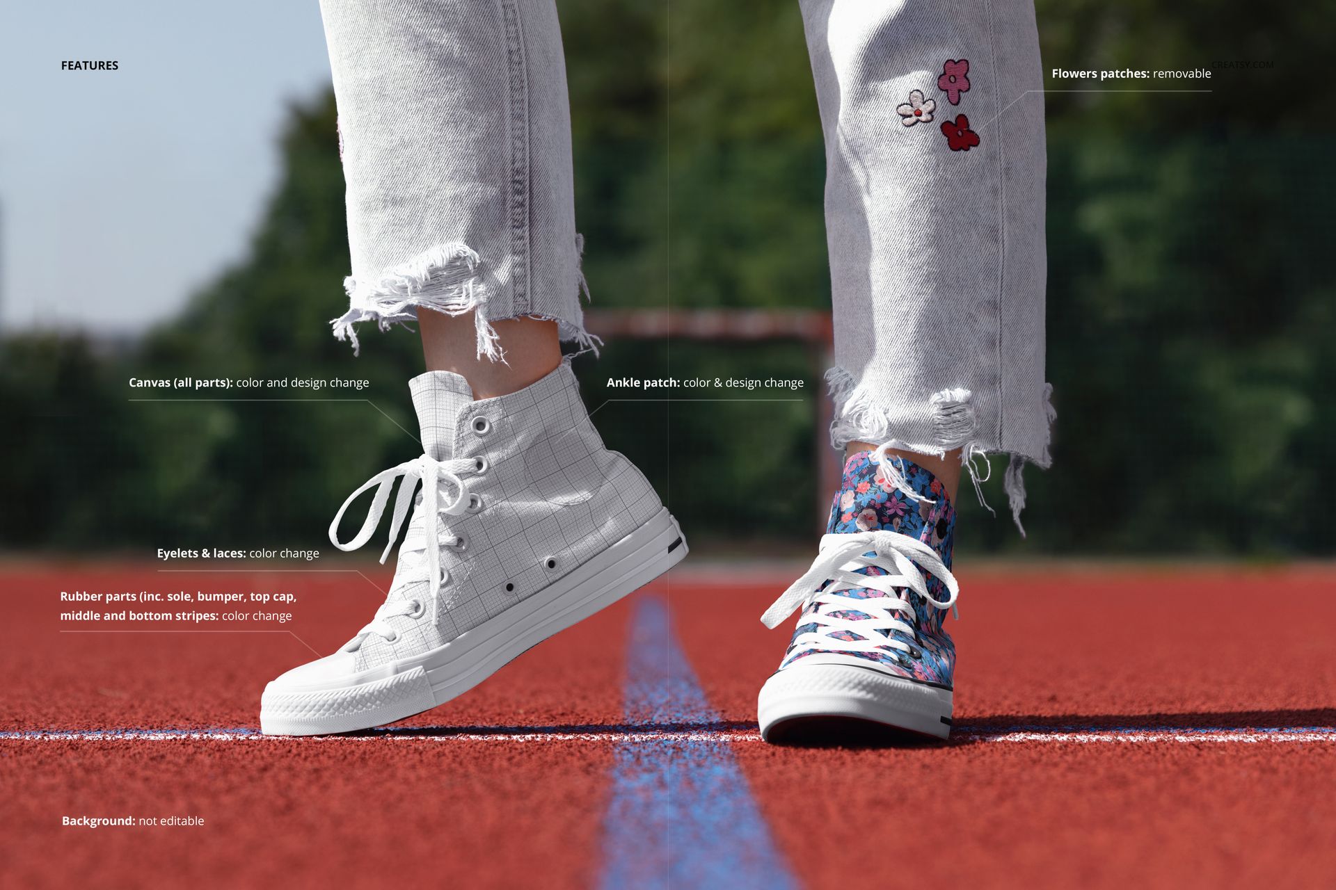 Outdoor sneaker mockup featuring one white sneaker with a grid pattern and one colorful sneaker with floral design.