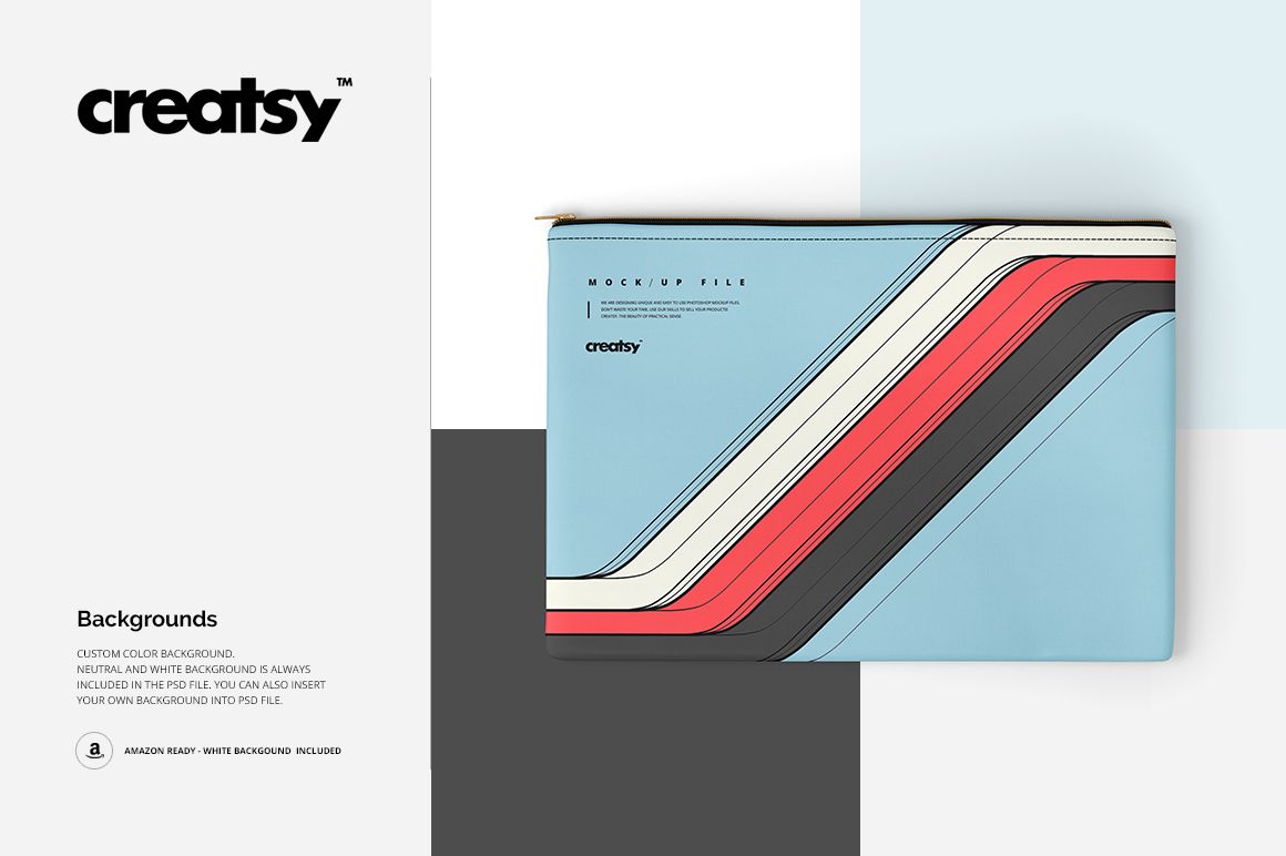 Top view of a rectangular accessories pouch mockup with a zipper and retro diagonal stripe pattern on light blue.