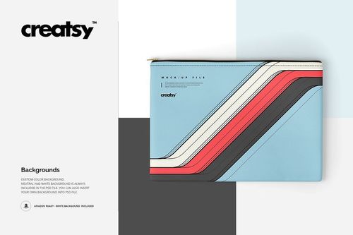 Top view of a rectangular accessories pouch mockup with a zipper and retro diagonal stripe pattern on light blue.