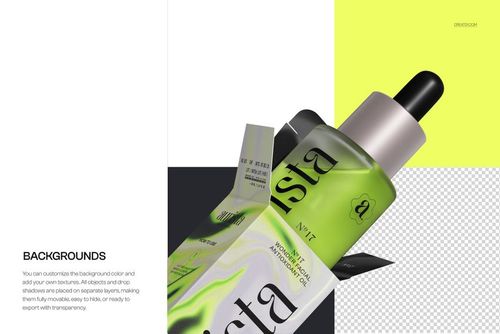 Front view of a sliding serum bottle partially out of its open packaging, with green and black colors on a mockup design.