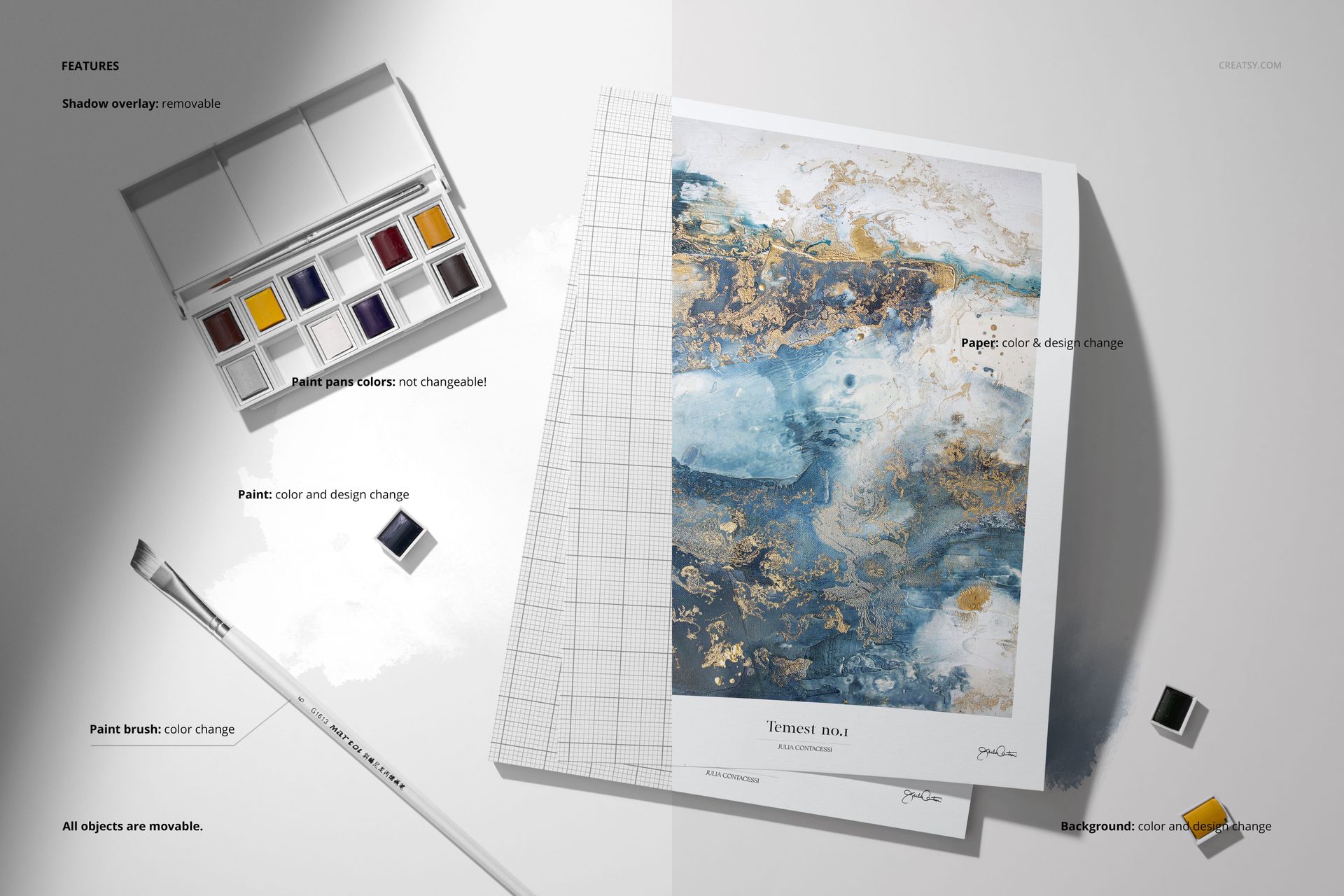 PSD mockup showing a watercolor paint palette, brush, and artistic sheet with marbled blue and gold design on a split background.