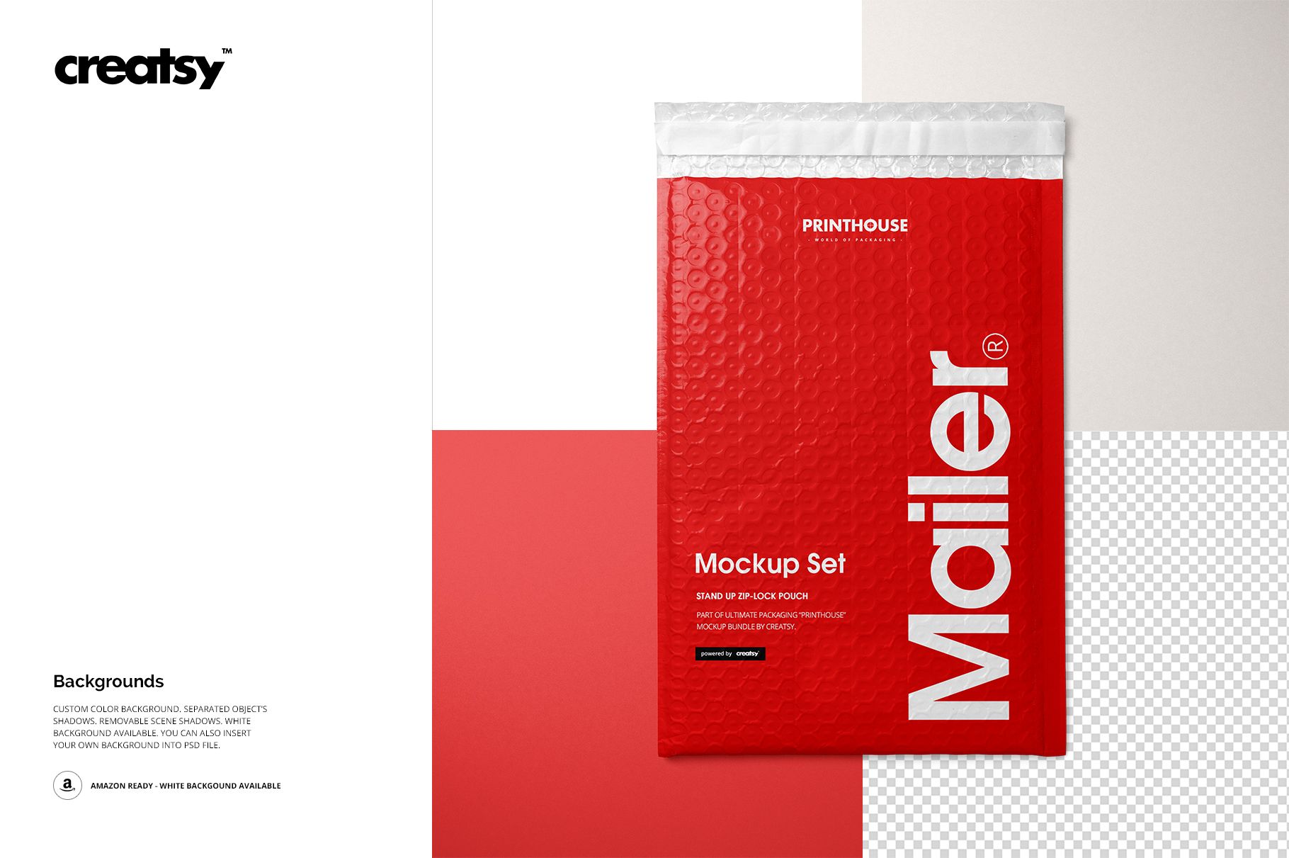 Front view of a red bubble mailer packaging mockup set on a geometric background with white and gray sections.